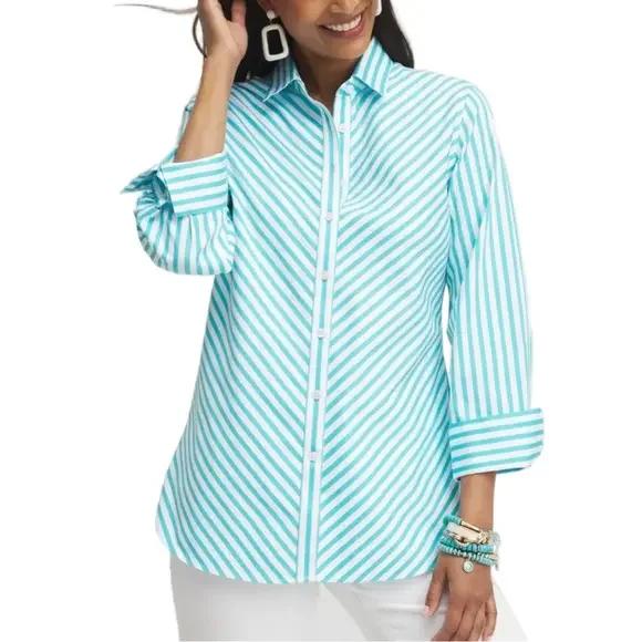 CHICO’S NWOT Women’s No Iron™ Stretch Stripe Shirt Pastel Blue Teal White Large - Picture 3 of 11